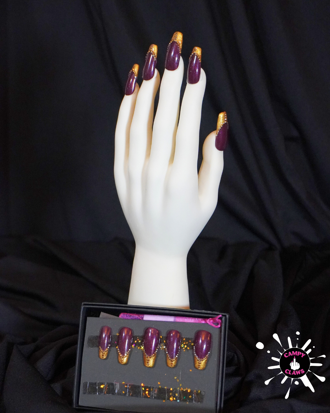 Stoned Purple and Gold French Tip Coffins (1 inch)